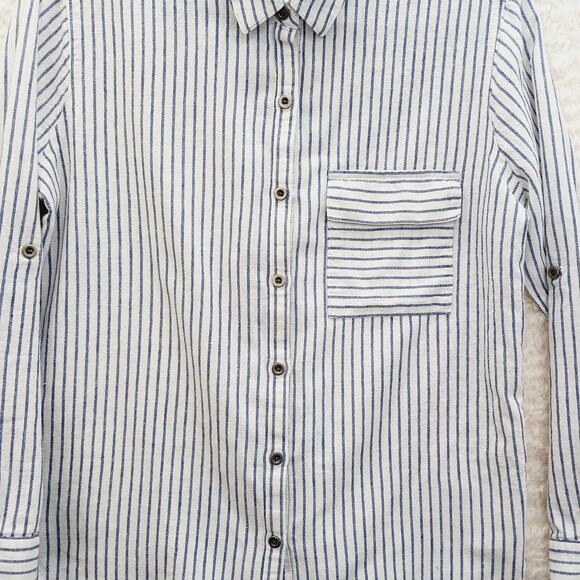 Blouse Size S Navy Linen Button-Up Stripe Preppy Coastal Classic Academia Cruise - Picture 4 of 16